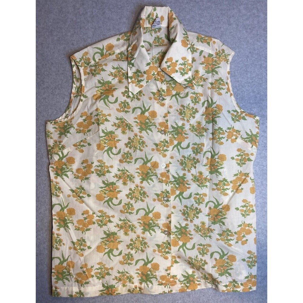 VTG Miss K Sz 42 Xl Sleeveless Top Button Up Floral Yellow Wildflower 70s Boho